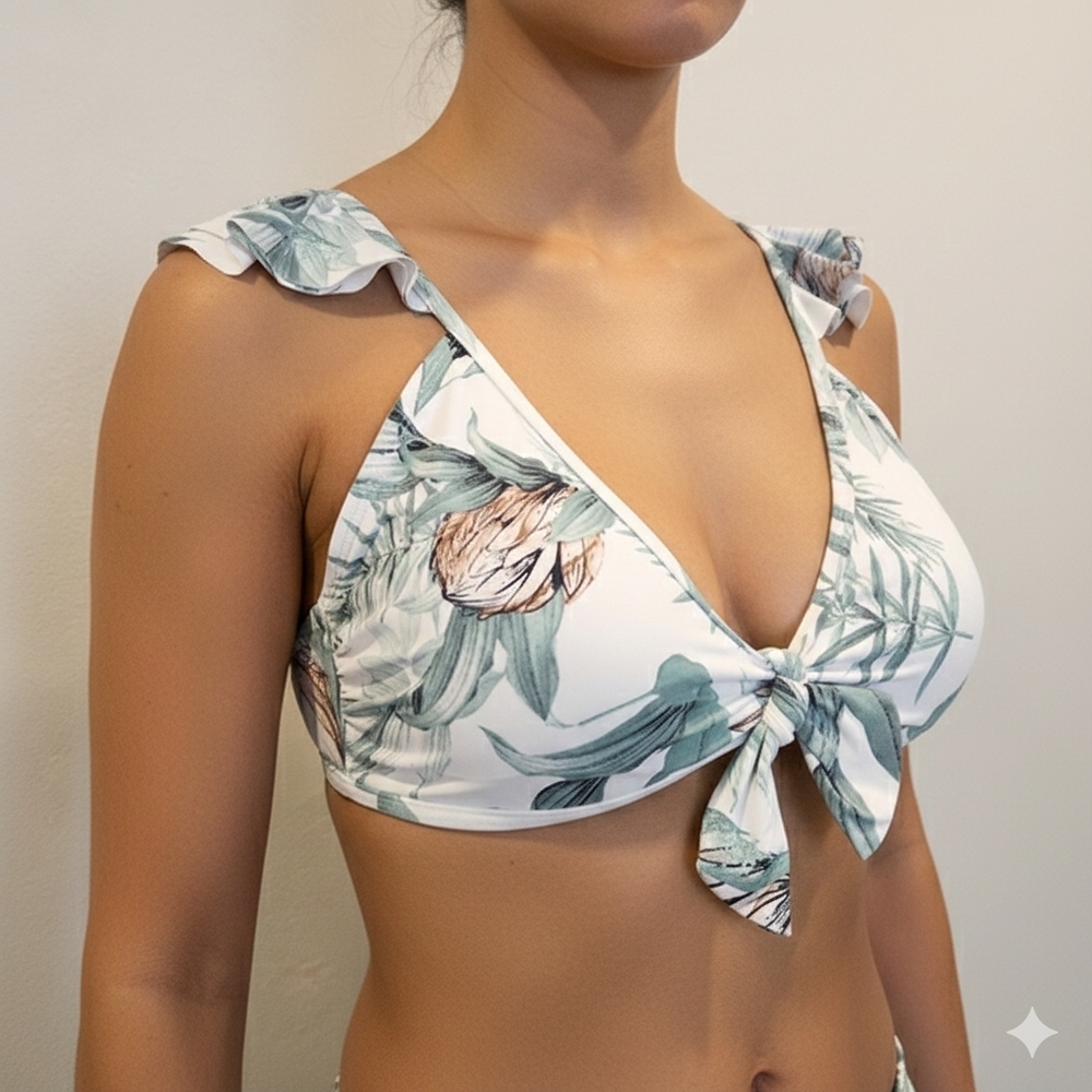 Sz S Tropical Print Ruffle Bikini Top